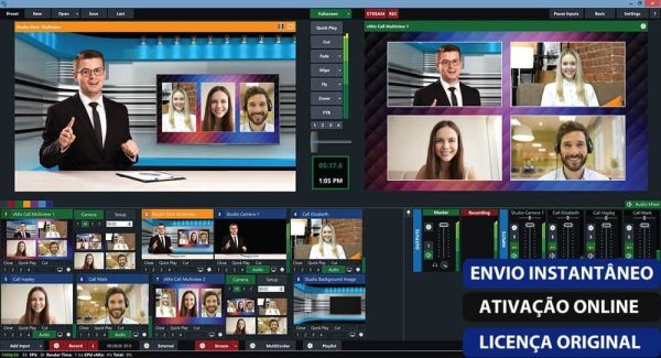 Software: Uma captura de tela mostrando a interface do vMix Pro 26 + Licença Vitalícia exibe uma configuração de transmissão ao vivo. Vários feeds de vídeo apresentam pessoas sorrindo em diferentes quadros, com controles e linhas de tempo visíveis. O texto em português garante a entrega imediata de uma produção de alta qualidade.