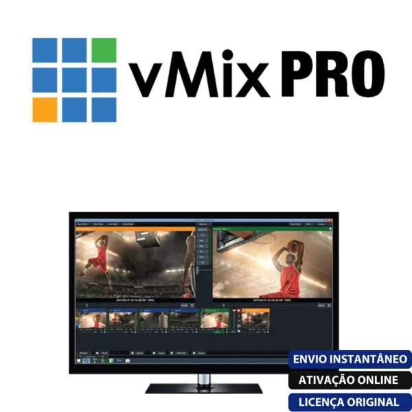 Software: Imagem do logotipo do vMix Pro 26 + Licença Vitalícia acima de um monitor mostrando software de edição com videoclipes de um jogo de basquete. O texto na etiqueta azul diz: Envio Instantâneo, Ativação Online, Licença Original. Adquira este software para entrega imediata e desfrute de uma experiência de edição perfeita.