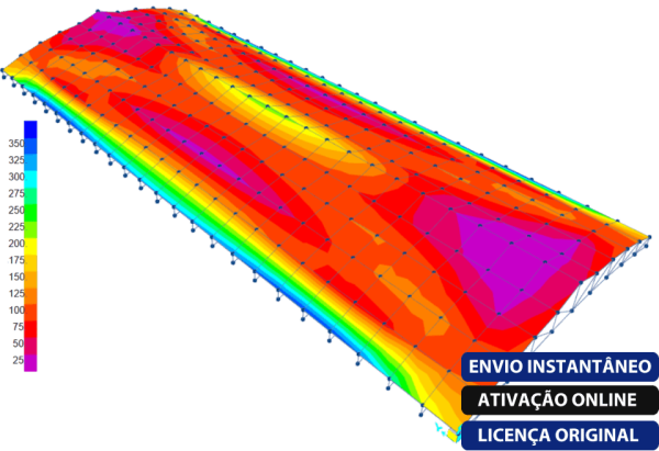 Software: Um mapa de calor topográfico 3D com um espectro de roxo (frio) a laranja/vermelho (quente), mostrando elevações e temperaturas variadas com um gradiente de cor. O texto no canto diz: ENVIO INSTANTÂNEO, ATIVAÇÃO ONLINE, LICENÇA ORIGINAL. Visite nossa loja de software para comprar "CSI SAP2000 Ultimate 25 (2024) - Licença Vitalícia" rapidamente.