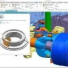 Software: A interface do software Siemens NX 2023 - Licença Vitalícia (Permanente) exibe um modelo 3D vibrante de um componente mecânico completo com anotações. O design apresenta uma seção destacada em uma janela adicional, oferecendo uma visão transversal aprofundada da peça para análise instantânea.